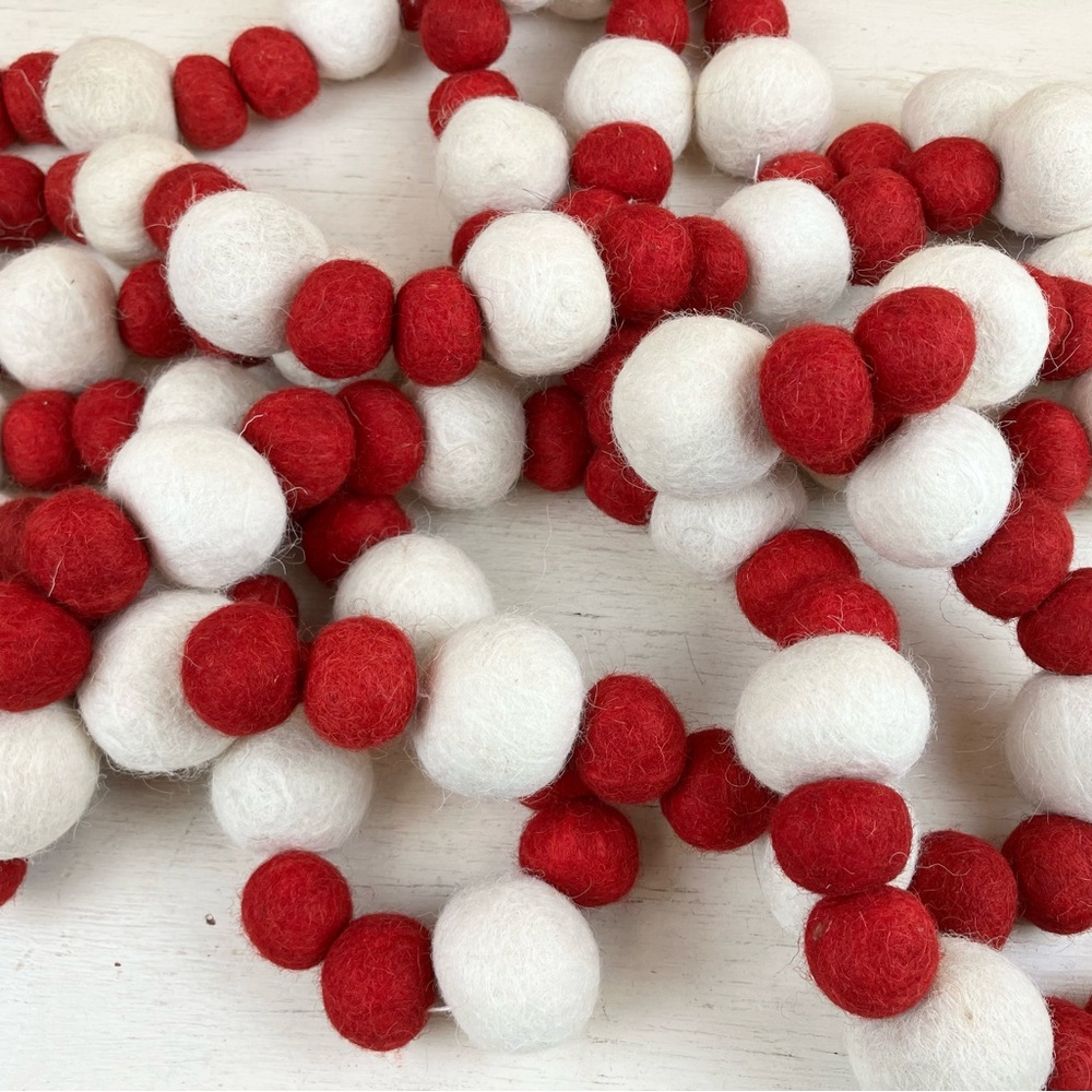 Red and White Felt Ball Garland Necklace Set of 2 Holiday